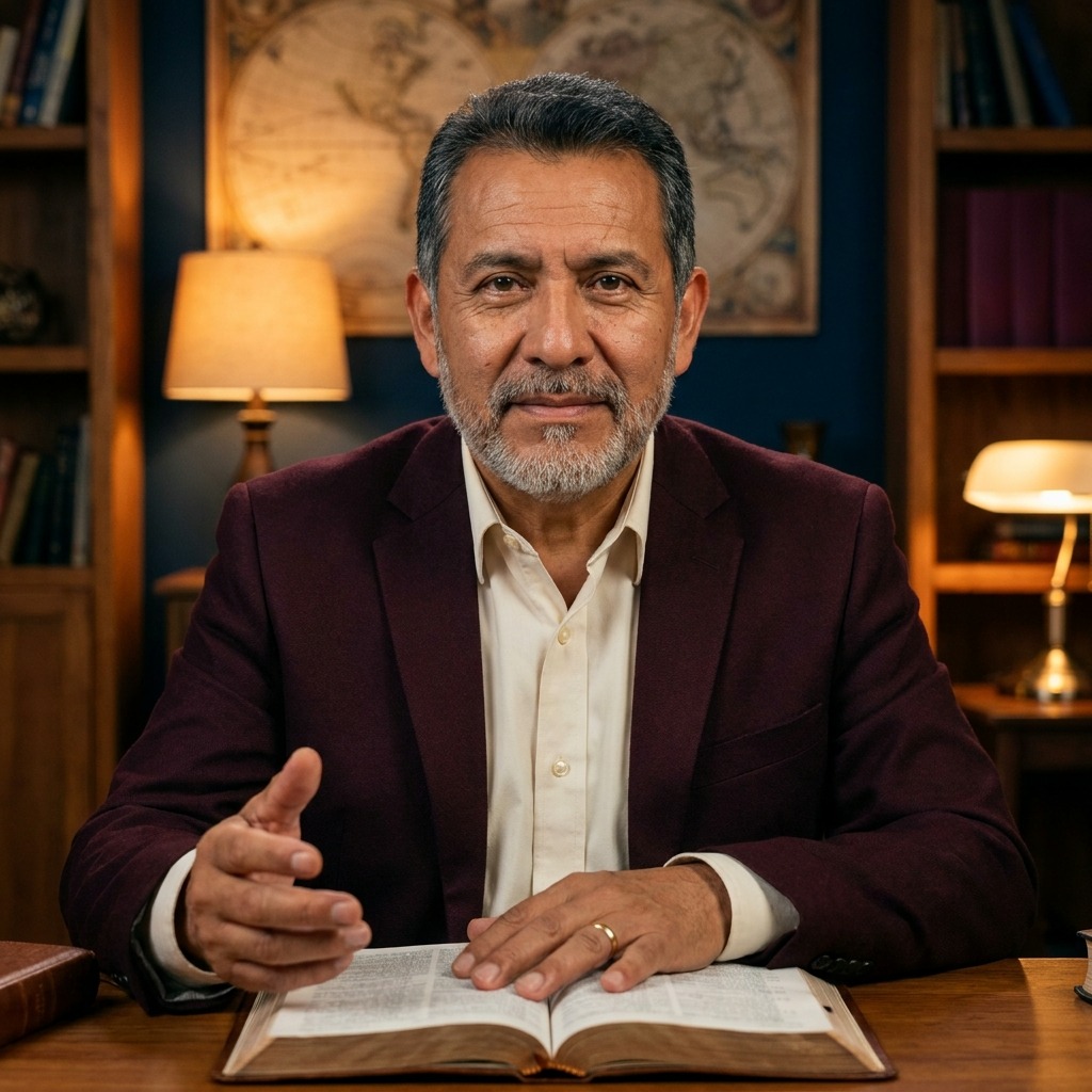 Pastor Elías Mendoza en su oficina, con una Biblia abierta